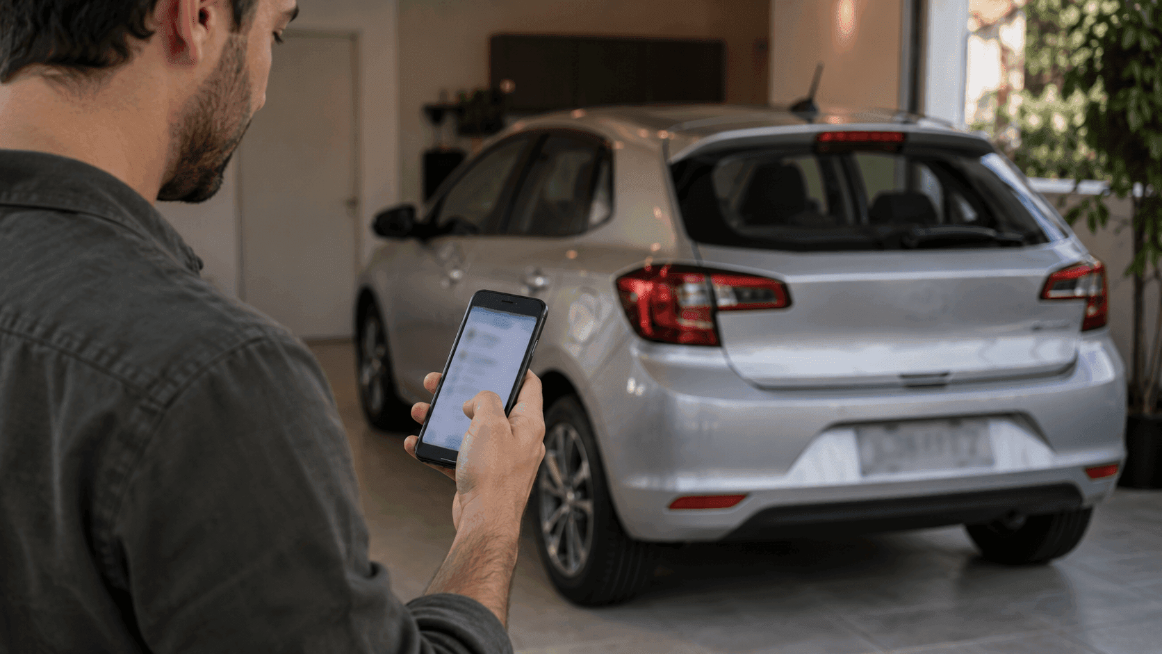 Pessoa usando o celular ao lado de um carro estacionado para consultar informações do veículo.