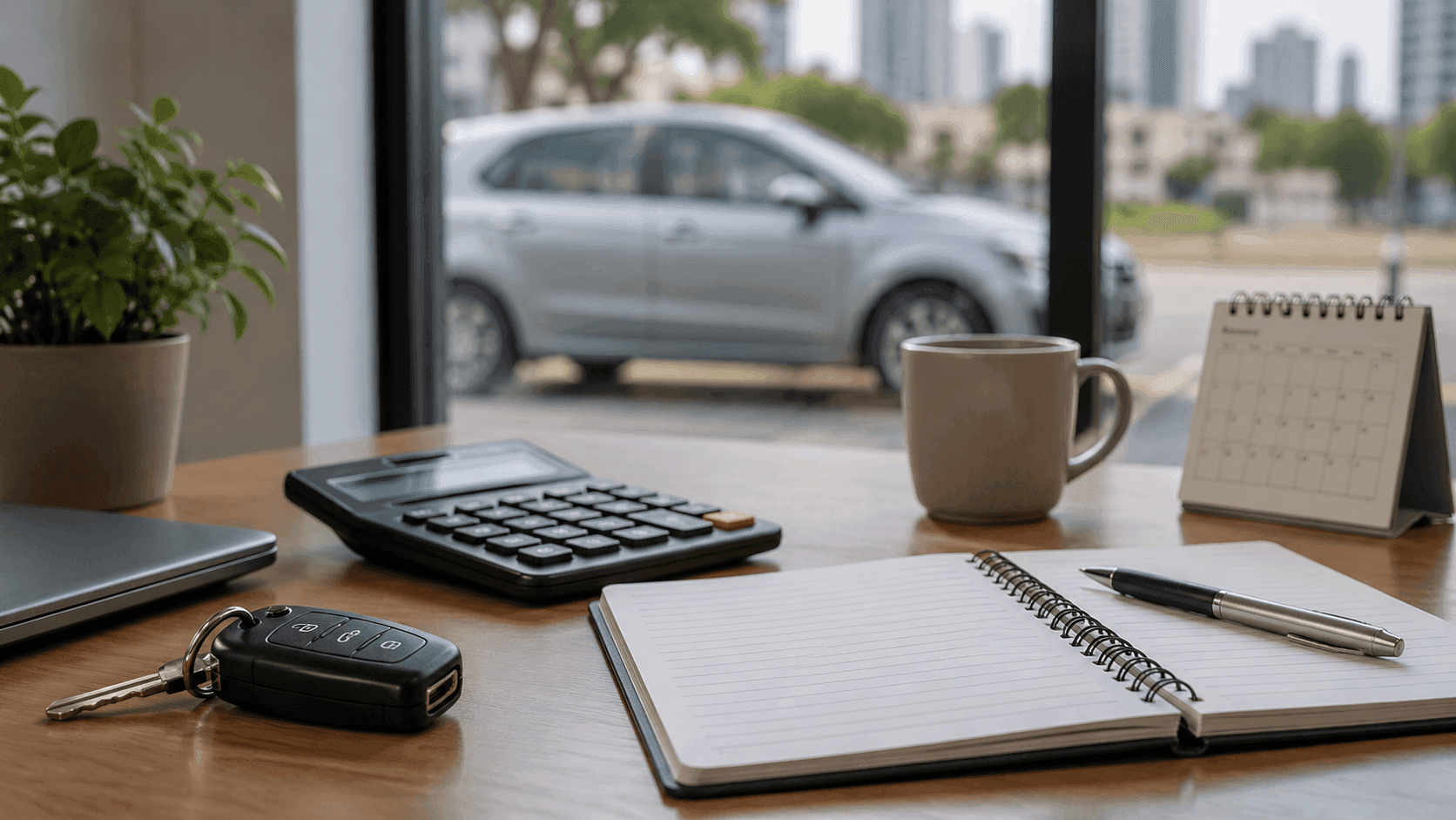Mesa com calculadora, calendário, caderno e chave de carro para organizar despesas do veículo.