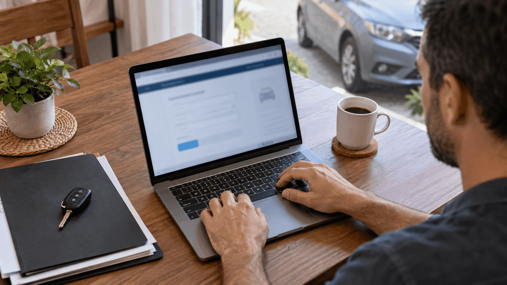 Pessoa consultando informações do veículo no notebook, com documentos e chave de carro sobre a mesa.