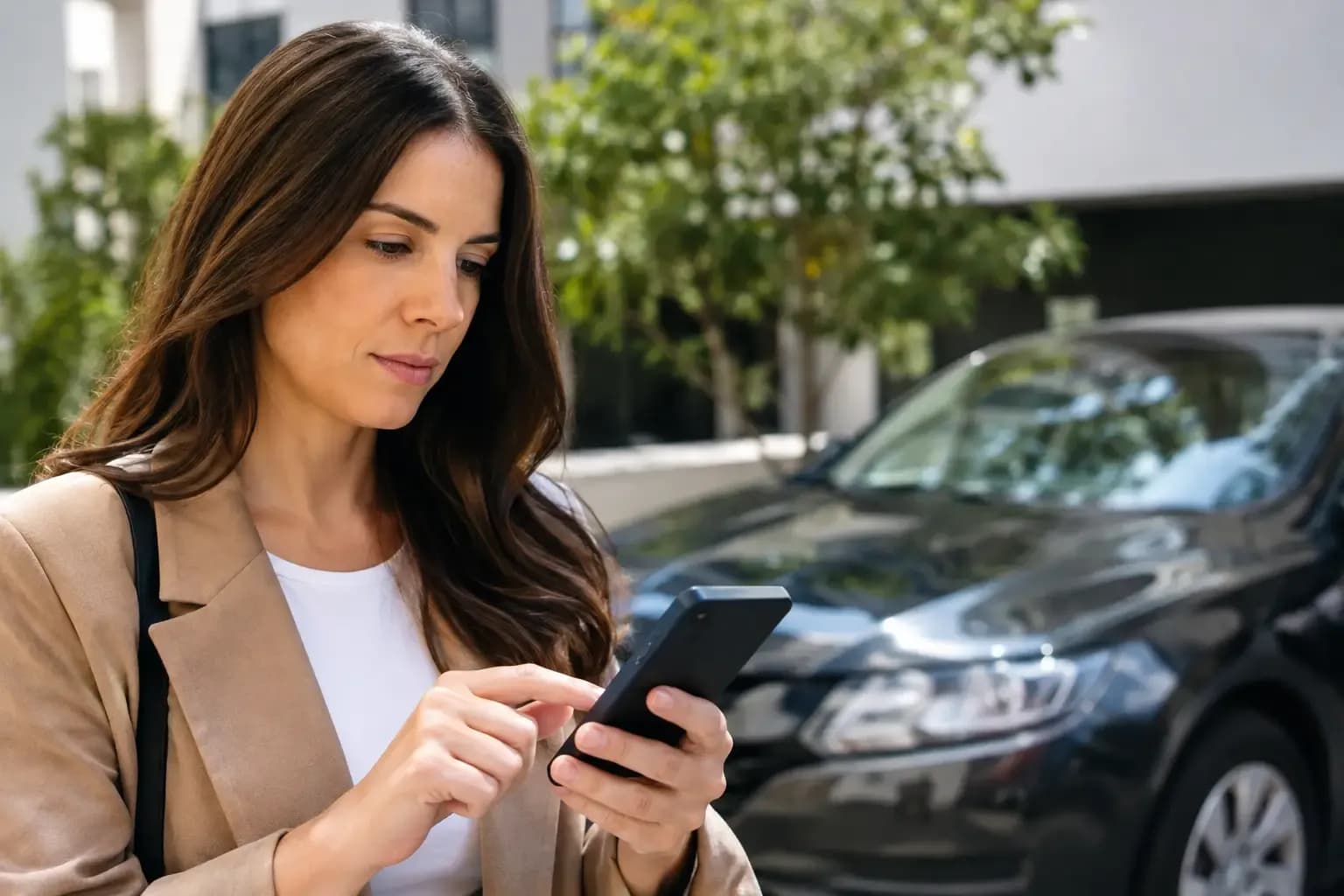 Mulher usando um celular ao lado de um carro estacionado.